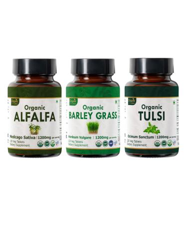 ORGANIC SPREE Alfalfa, Barley Grass & Tulsi Supplement 120 Tablets Each USDA Organic Medicago Sativa, Hordeum Vulgare & Holy Basil*