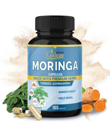 Cadane Moringa Extract Capsules 6 Months Supply with Ashwagandha Root Tulsi Ginger Turmeric - 180 Capsules