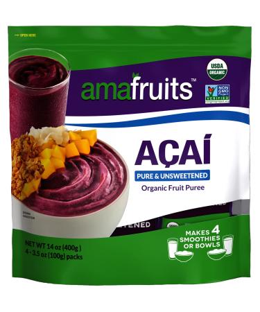 Amafruits Acai Berry Frozen Puree Pure and Unsweetened Smoothie and Bowl Packs | USDA Organic | Non-GMO Certified | Zero Sugar | Antioxidant Rich Superfruit | 72 Packs x 3.5oz