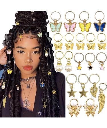 NAISKA 20Pcs Gold Butterfly Hair Braid Clips Dreadlock Accessories Colorful Butterfly Pendant Charms Pearl Hair Accessories Star Braid Beads Clips Cuffs Rings Crystal Rhinestone Hair Jewelry Gifts for Women Teen Girls