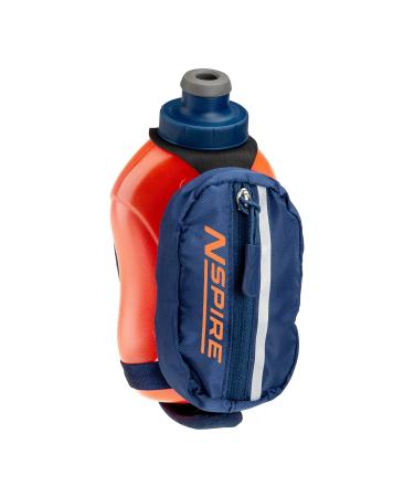 Nspire Handheld 12oz Flask with Storage Pocket. Grip Free for Running, Hiking, Walking. Water Bottle, True Navy/Tigerlily