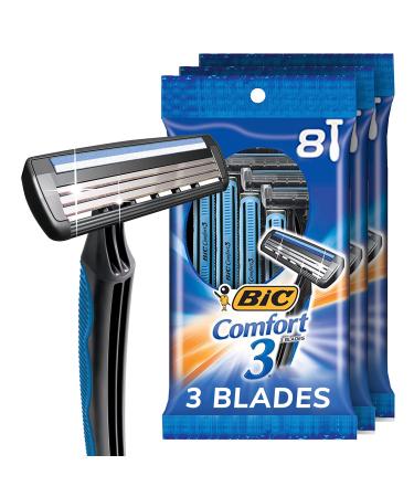 BIC Comfort 3 Disposable Razors for Men for an Ultra-Soothing, Comfortable Shave, 3 8-count Packs of Razors With 3 Blades, 8 Count (Pack of 3)