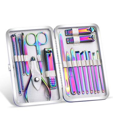 2020 New Rainbow Manicure Kits 18 Pcs Nail Clippers for Women Gift SFYDOM Women's Rainbow Leather Manicure Set (18-RainbowManicure Kits)