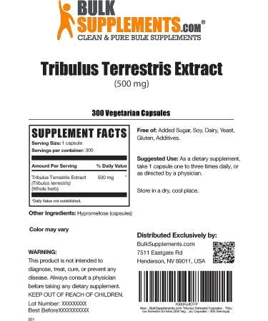 BulkSupplements Tribulus Terrestris Extract Capsules - 300 Veg Capsules - Gluten Free - Herbal Supplement for Men - 1 Capsule per Serving - Buy Online on GoSupps.com