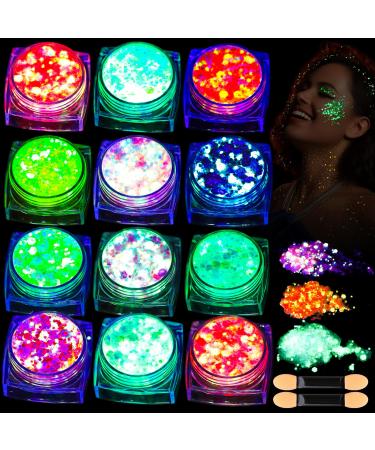 Teenitor 12 Colors Glow in The Dark Glitter Gel Body Glitter Gel Face Glitter Gel Hair Glitter Gel for Halloween Makeup UV Black Light Glitter Chunky Glitter Makeup for Raves Festivals