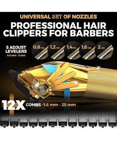 OVLUX Professional Hair Clippers for Men - Cordless Beard Grooming Kit with Clipper Guards | Full-Metal Body, Charging Base | Ideal for Barbers | Gifts for Men - Gold - Buy Online on GoSupps.com