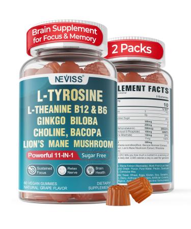 11-IN-1 Brain Supplement for Memory and Focus with L-Tyrosine L-Theanine Methylated B12 & B6 Lion's Mane Mushroom Ginkgo Biloba Bacopa Monnieri Choline for Focus Nootropic Energy 2Packs 60 Count (Pack of 2)