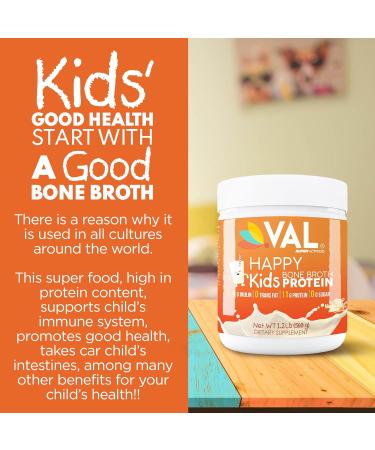 VAL Happy Kids Chicken Bone Broth Protein Powder - Natural Growth & Immune Support | 11g Protein 4g Inulin Non-GMO Gluten Free Sugar Free - 32 Servings Vanilla 1.2 lb - Buy Online on GoSupps.com