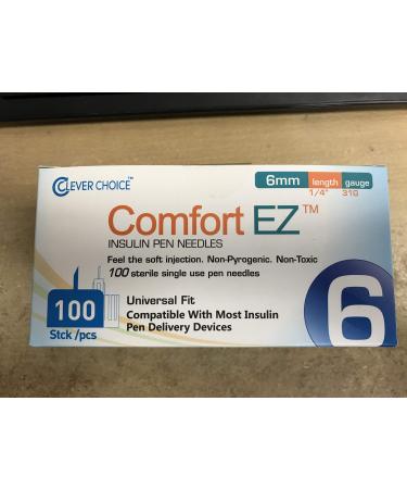 Clever Choice Comfort EZTM Insulin Pen Needles 31G 6mm (1/4 Inch) - 100 Count