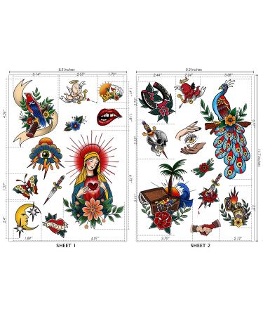 Vintage Temporary Tattoos - 60pcs Classic Old School Stickers, Waterproof Rose, Swallows, Butterflies & Swords Design for Men and Women - Buy Online on GoSupps.com