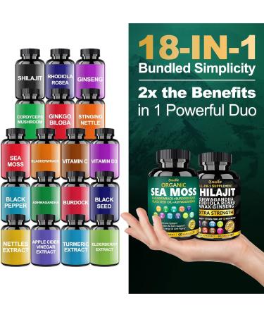 Bualle Sea Moss and Shilajit Bundle-Sea Moss 300mg,Black Seed Oil 100mg,Ashwagandha 50mg,Ginger & Shilajit 300mg,Rhodiola Rosea 100mg,Panax Ginseng 50mg,All in 1 Supplements-USA Made(2 Pack) 60 Count (Pack of 2) Sea Moss Sh  - Buy Online on GoSupps.com