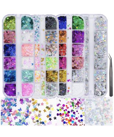 4 Boxes Holographic Nail Sequins Shapes Mixed Iridescent Nail Glitter Flakes Butterfly Hearts Star DIY Design Manicure Decorations Sets for Nail Art/Craft/Makeup (Style A)