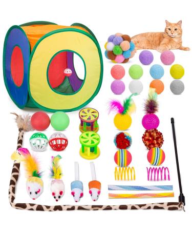 Cat Toys 33 PCS, Interactive Cat Kitten Toys for Indoor Cats Kitty with Collapsible Cat Play Tunnel Tube Tent Cat Feather Wand Teaser Cat Bell Fuzzy Ball Springs Mouse Toys For cats less than 12lbs