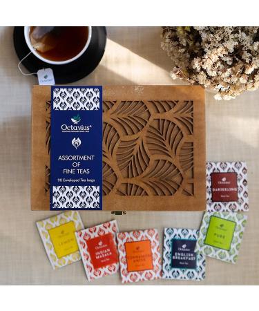 Octavius Hand Carved Wooden Tea Sampler Pack - 90 Enveloped Double Chamber Tea Bags - Assorted Black & Green Teas - Tea Sampler Variety Pack - Perfect for Tea Lovers - Pack of 1 - Buy Online on GoSupps.com