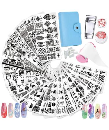 33Pcs Nail Stamper Kit with 20Pcs Nail Art Stamping Template Image Plates and 10 Pcs Gradient Nails Soft Sponges 1 Pcs Stamper Scraper Set and Storage Bag Nail Templates and Stamper Remove Oil Tool DD