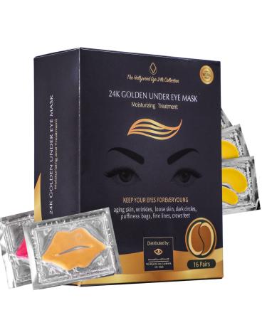 Bisou Bisou Bisou 16 Pairs Gold Under Eye Patches with 2 pieces of Lip Mask | Under Eye Mask Dark Circles and Puffiness | Wrinkles Patches with Hydrogel | Collagen Eye Pad