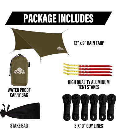 Swiss Outdoors Rain Fly Tarp | Waterproof Tent Shelter Canopy | Lightweight Easy Setup for Hammock  Backpacking or Camp Gear | Premium Quality 12 x 9 ft |  Green Army - Buy Online on GoSupps.com