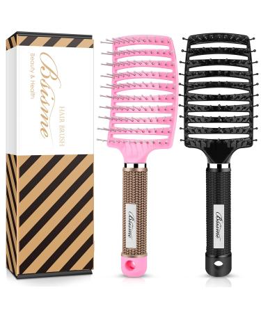 Hair Brush Set, Curved Vented Detangling Hair Brushes for Women Men Kids, Professional Vent Styling Brush for Wet Dry Curly Thick Straight Hair Fast Blow Drying Brush (Pink+ Black) PinkBlack