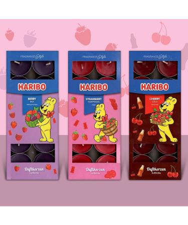 Haribo Tea Lights Trio Set All Year - Berry Mix Cherry Cola & Strawberry Happiness 30 Pieces (3 x 10) - Scented Candles with 4-6 Hours Burn Time Mood Lighting for Home - Buy Online on GoSupps.com