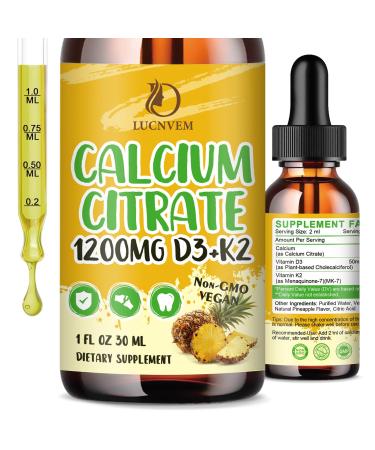 Calcium Citrate 1200 mg with Vitamin D3 Liquid Drops for Women & Men Calcium Citrate with Vitamin D3 & K2 for Bone Muscle & Teeth- 2 Fl oz- 30 Day Vegan Supply 1 Fl Oz (Pack of 2)