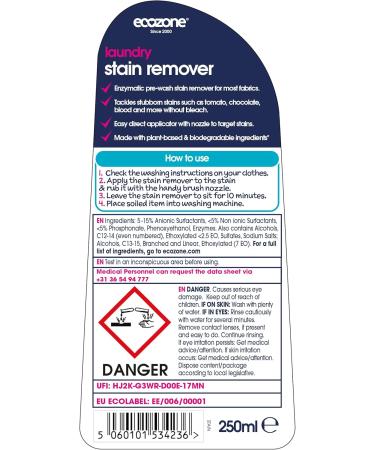 Ecozone Laundry Stain Remover | Vegan Pre-Wash Liquid for Colours & Whites | Multi-Purpose Fabric Cleaner (250ml - Buy Online on GoSupps.com