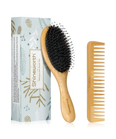 Shineworth Boar Bristle Hair Brush Set, Natural Bamboo Paddle Hairbrush and Wide Tooth Comb for Men Women Reducing Frizz & Detangling Thick Curly or Long Hair