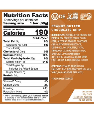 No Cow Protein Bar - Peanut Butter Chocolate Chip | 12 Bars (2.12 oz Each) - Vegan, Dairy-Free, High Protein Snack - Buy Online on GoSupps.com