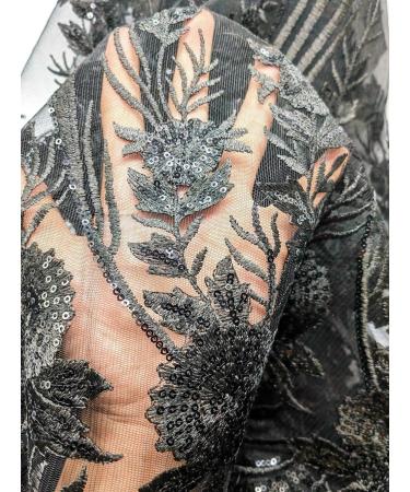 Old DIrd African Lace Fabric Embroidered French Lace with Sequins - 5 Yards for Wedding - Black 1 - Buy Online on GoSupps.com