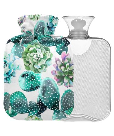 NAANLE hot water bottle with cover succulents cactus watercolor transparent hot water bottle 2 l large warfood for menstrual cramps pain relief handfoots heat and cold therapy