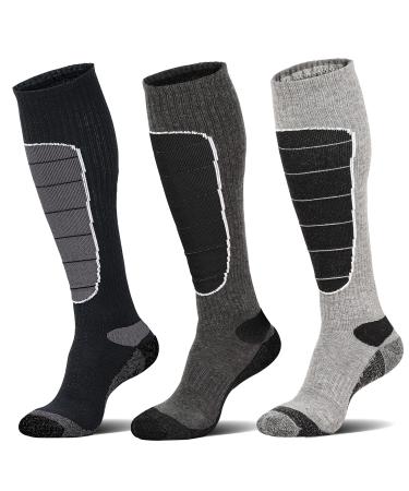 Merino Wool Ski Socks, Cold Weather Socks for Snowboarding, Snow, Winter, Thermal Knee-high Warm Socks, Hunting X-Large Black Dark Grey Grey (3 Pairs)