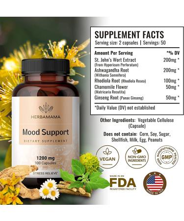 HERBAMAMA Mood Support Capsules with Ashwagandha, Rhodiola & Ginseng - Brain Function & Stress Relief - Vegan - 100 Caps - Buy Online on GoSupps.com