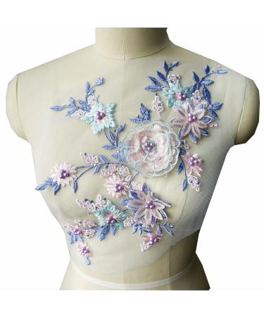 IXUEYU, Lace Fabric 3D Flowers Appliques Beads Rhinestones Embroidery Sew Patch for DIY Wedding Decoration Dress (Blue + Purple)