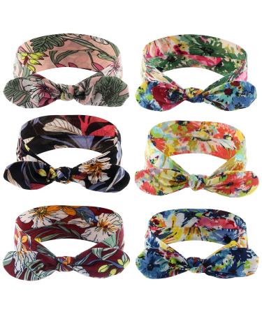 Yeshan Bow Headbands for Women Boho Wide Bandana Headbands Flower Printed Rabbit Ears Hair Bands Fashion and Sport Hair Accessories for Women and Girls,Pack of 6 No5(flowers 6 pcs)