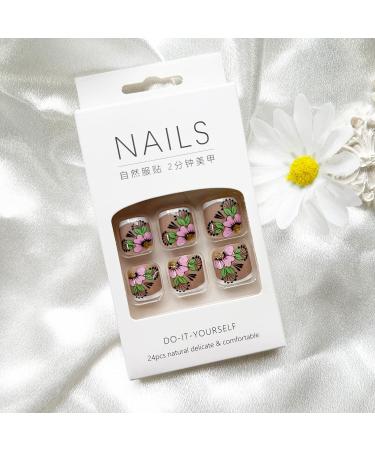 Short Square Flower Leaf False Toenails with Gold Glitters - 24Pcs - Buy Online on GoSupps.com