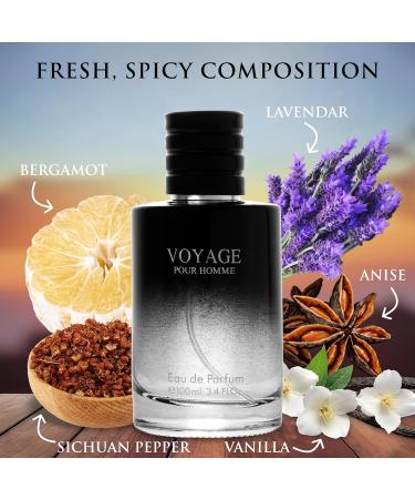 Voyage for Men Eau De Parfum - Sophisticated Male Fragrance Composition of bergamot Pepper Lavender Star Anise & Nutmeg - Base of Peppery & Vanilla - Go-To Daily Scent - Elegant 100ml Bottle - Buy Online on GoSupps.com