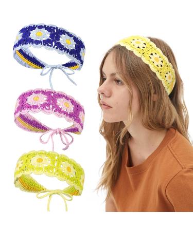 HAIMEIKANG 3PCS Hippie Hair Bandanas Headbands for Women  Crochet Boho Headbands Floral Hair Bands for Girls (daisy-style