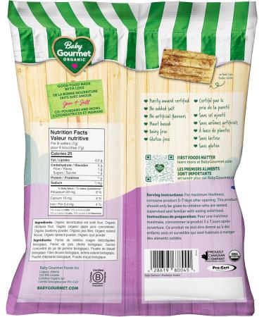 Baby Gourmet Organic Lentil & Chickpea Rusks - Blueberry Spinach Acai - No Artificial Flavours Gluten-Free Dairy-Free Corn & Rice Free BPA-Free Packaging - 40g 4 Pack - Buy Online on GoSupps.com