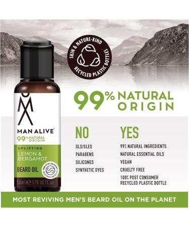 Man Alive Beard Oil - 50ml Natural Skincare with Oatmeal, Argan, Jojoba & Almond Oil - Lemon & Bergamot Scent - Ideal Men's Gift for Softening Facial Hair - Buy Online on GoSupps.com