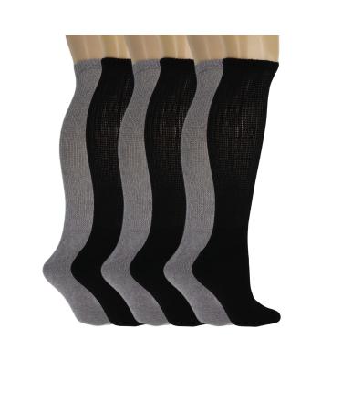AWS/American Made Diabetic Over The Calf Knee Socks for Men Loose Fit Non Binding Top and Full Cushioned 13-15 Black-3 Pairs Gray-3 Pairs