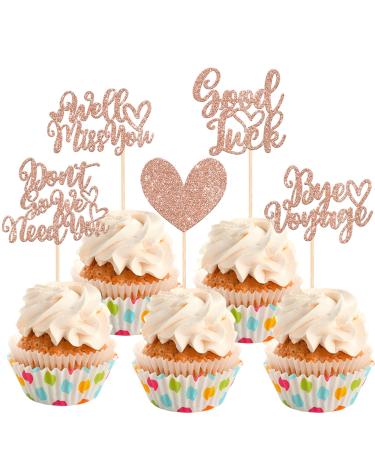 Rsstarxi 30 Pack We Will Miss You Cupcake Toppers Glitter Heart Good Luck Cupcake Decorations We Need You Cupcake Picks for Retirement Farewell Going Away Party Cake Decorations Rose Gold Design 2 Rose Gold