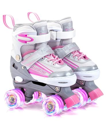 Kuxuan skates Saya Roller Skates Adjustable for Kids,with All Wheels Light up,Fun Illuminating for Girls and Ladies Pink & Gray Small(10-13US)