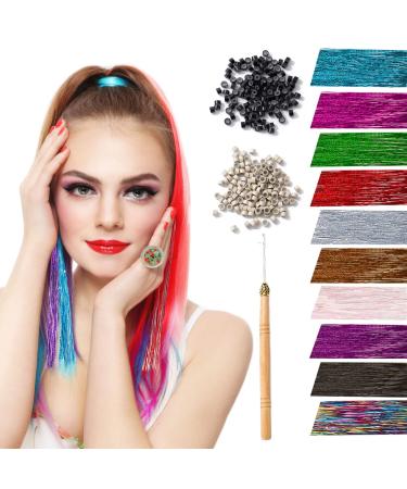 Hair Tinsel Kit  10 Colors Glitter Hair Extensions with 100 Strands Hair Tinsels Heat Resistant Hair Tensile Fairy Hair Sparkingly Hairpiece for Party Halloween Christmas New Year