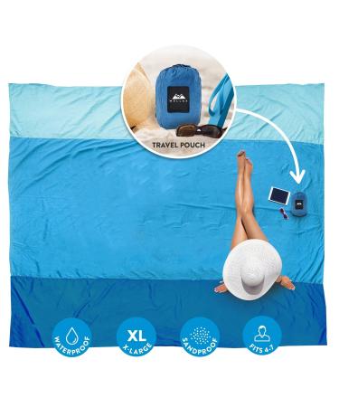 WELLAX Beach Blanket Waterproof Sandproof, Lightweight Beach Mat for 8 Persons 9x10 Ft. Sand Repellent, Quick Drying, & Durable with 8 Pockets, 4 Stakes, Great for Picnic, Camping, Travel & Outdoor Blue
