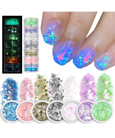 7 Boxes Luminous Nail Glitters Nail Sequins 7 Colours 3D Holographic Glitter Nail Flakes for Nail Art Decals Nail Glitter Sequins Nail Art Design Nail Decorations for Women Girls