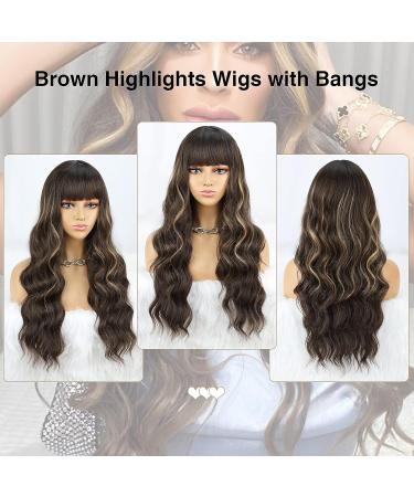 Bogsea Long Wavy Brown Wig with Bangs - 26 Inch Heat Resistant Synthetic Fiber for Women - Buy Online on GoSupps.com