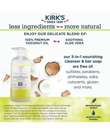 Kirk's 3-in-1 Castile Liquid Soap | Coconut Oil, Aloe Vera | Juniper & Lime Scent | 32 oz Pump Bottle | Shampoo, Face & Body Wash for All - Buy Online on GoSupps.com