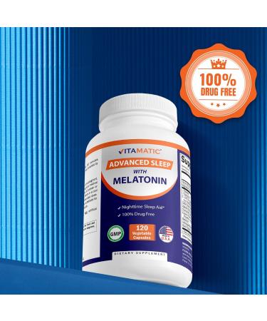 Vitamatic Advanced Sleep Aid with Melatonin - 120 Vegetable Capsules Made with B6, Magnesium, L-Theanine, L-Tryptophan, 5-HTP, GABA, Valerian, Chamomile, Passion Flower, Ashwagandha & Black Pepper - Buy Online on GoSupps.com
