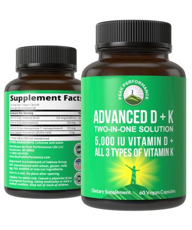 Advanced Vitamin D 5000 IU with All 3 Types of Vitamin K by Peak Performance. Vitamin D3 and Vitamin K2  K1  MK-7 (MK7)  MK4 Supplement. 60 Small and Easy to Swallow Vegetable Pills (5000 IU)