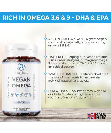 Vegan Omega 3 6 9 DHA & EPA Oil 1000mg - 4 Month Supply | Algae Oil Soft gels - High Strength - Buy Online on GoSupps.com