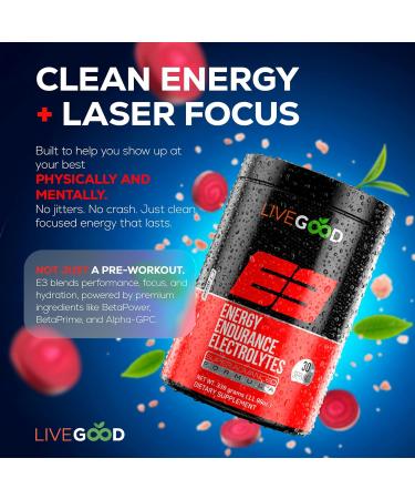 LIVEGOOD E3 Preworkout Powder with BCAA EAAs Electrolytes and Alpha-GPC for Energy Endurance Hydration and Nitric Oxide Support Natural Pre Workout for Men and Women (30 Servings) - Buy Online on GoSupps.com